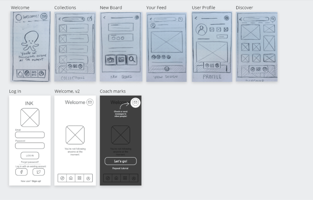 Ink Tank low-fidelity wireframes.