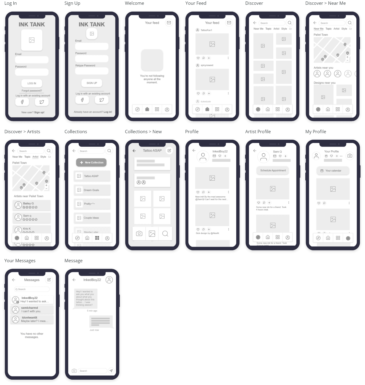 Ink Tank mid-fidelity wireframes.