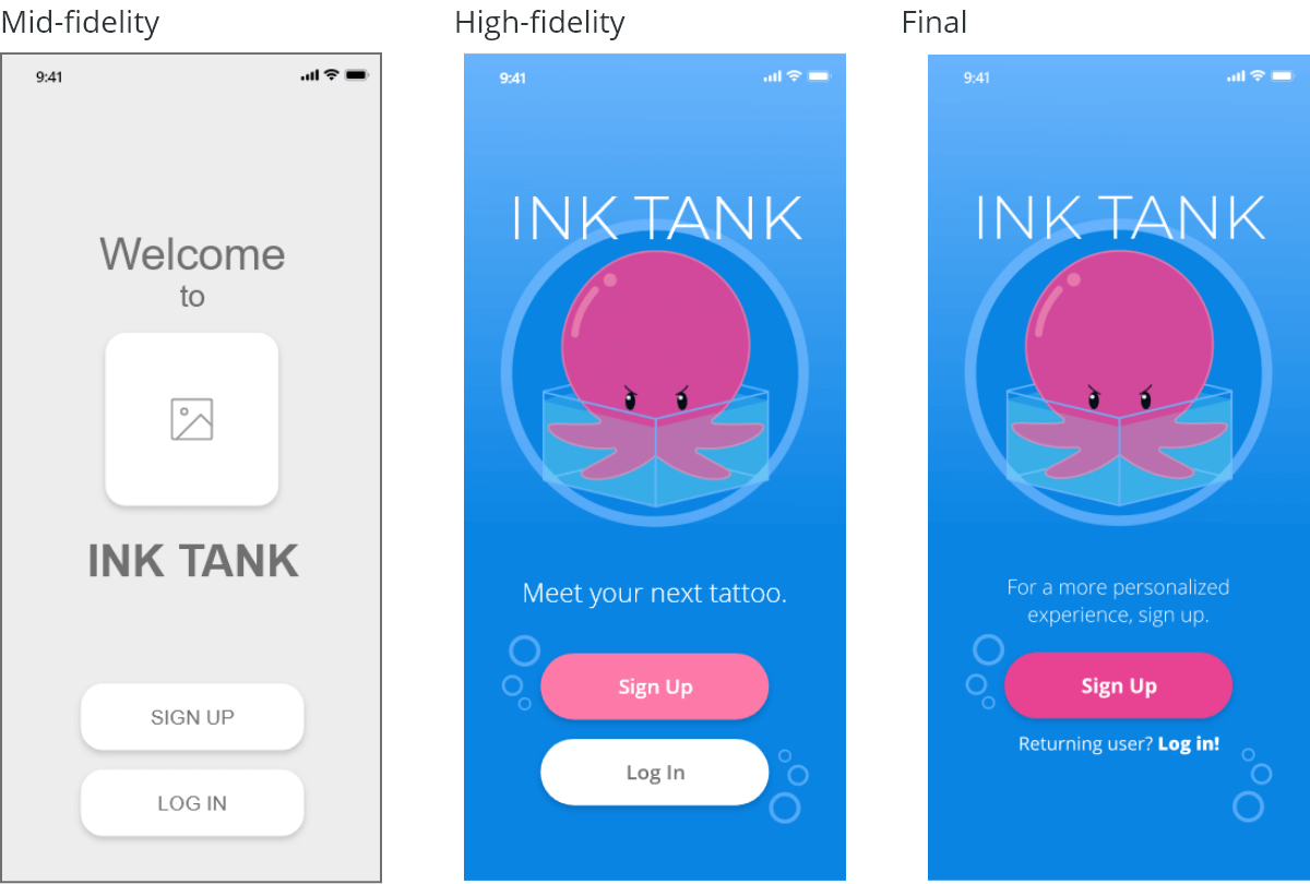 Ink Tank sign-up iterations.