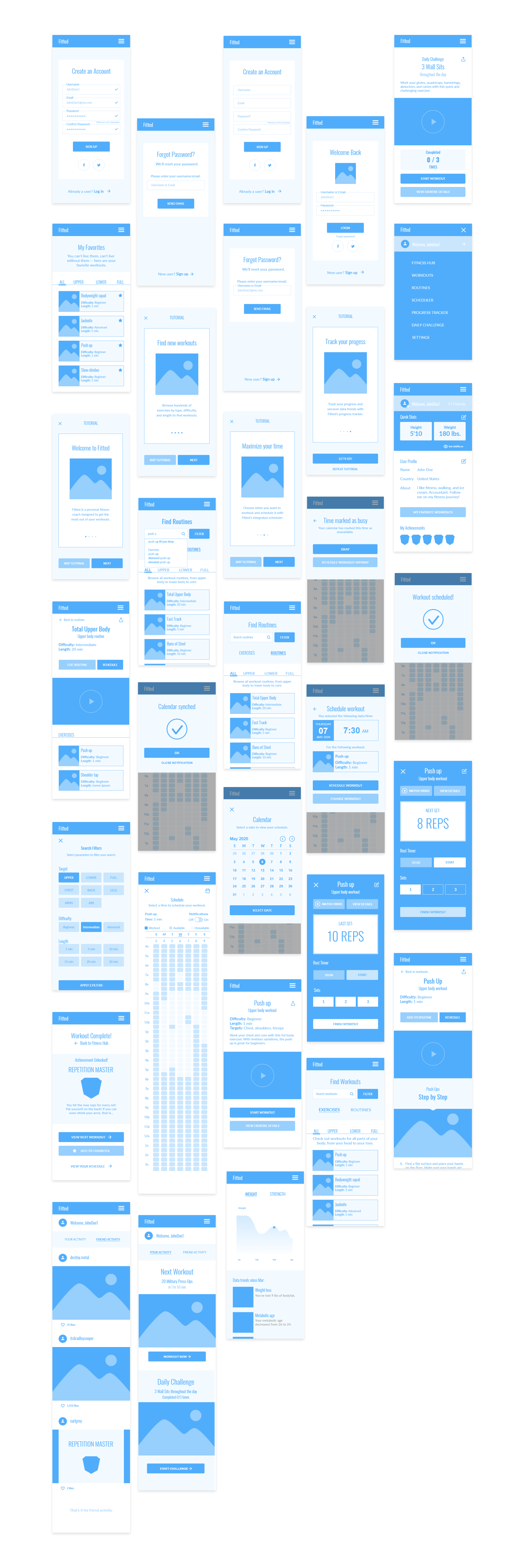 Fitted mobile fitness app mid-fidelity wireframes.