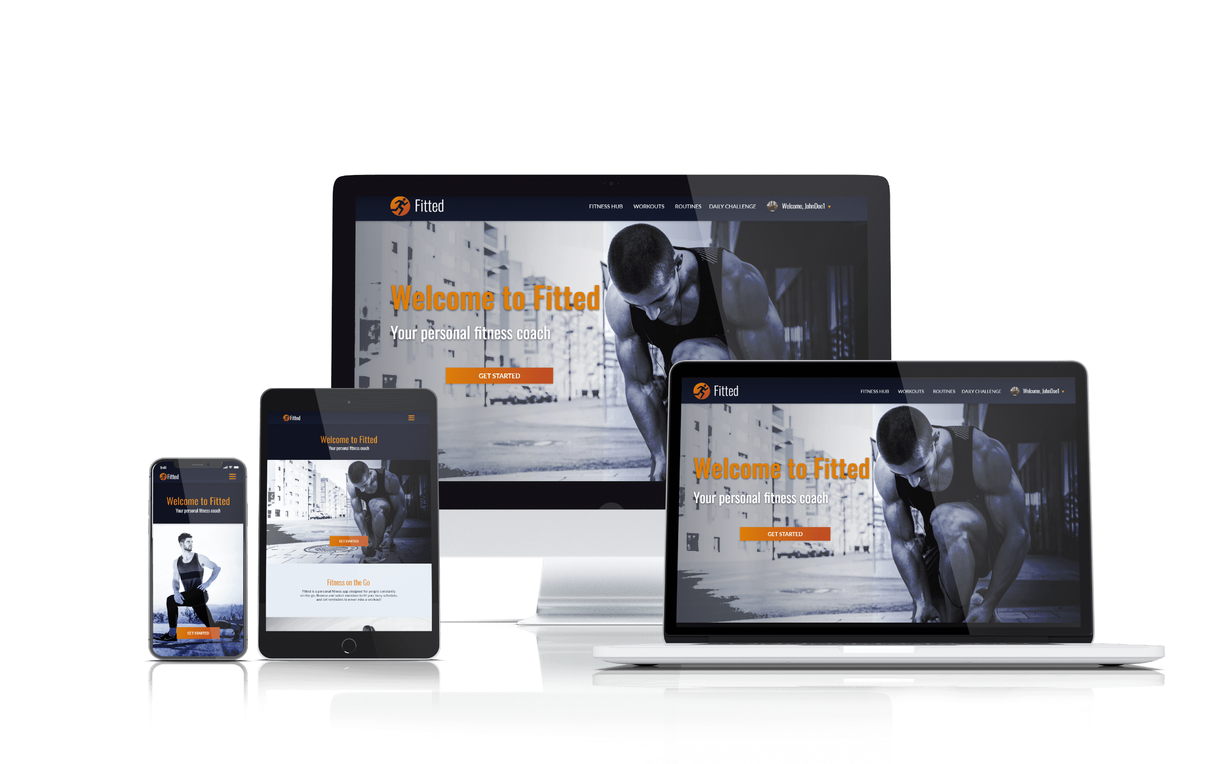 Fitted responsive fitness app on laptop, mobile phone, and tablet.