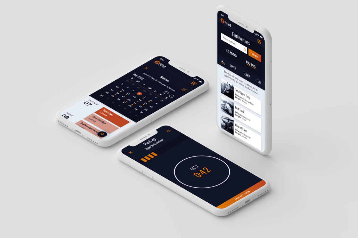 Smart phones showing Fitted mobile fitness app on their screens.