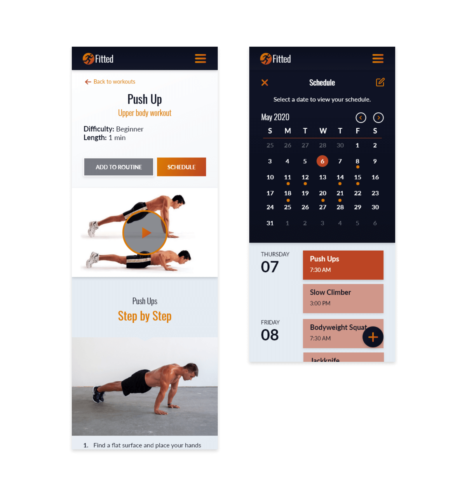 Fitted view workout and scheduling screens.